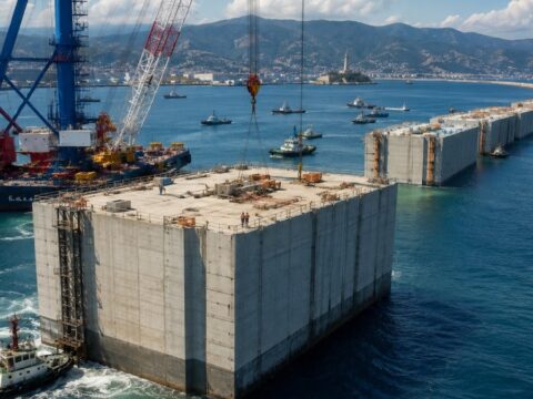 67 metrelik dev beton bloklar tek tek denize indiriliyor